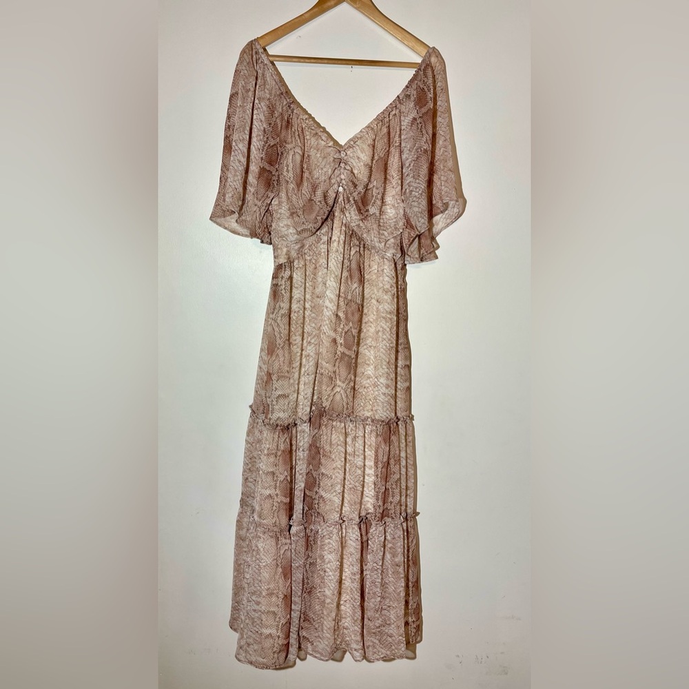 Anthropologie Pink Kimono Flutter Sleeve Tiered Midi Dress Romantic Boho Size XL